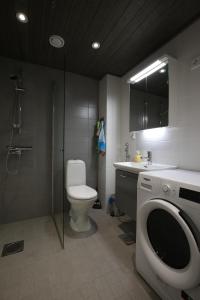 a bathroom with a toilet and a shower and a sink at Hieno yksiö Tapiolan urheilupuistossa. in Espoo +6 photos