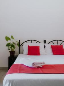 een slaapkamer met een bed met rode kussens bij C9 Anjuna in Anjuna