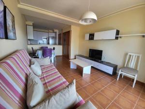 - un salon avec un canapé et une télévision dans l'établissement Apartment with direct access to the beach(WIFI), à Sanxenxo