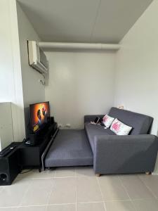 a living room with a couch and a flat screen tv at Near Mactan Airport and Indiana Aerospace University, Lapu Lapu City in Pajak