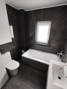 a bathroom with a tub and a toilet and a window at Mosnita Apartament in Moşniţa Nouă