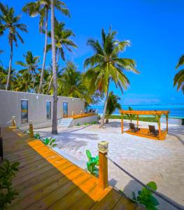 ein Haus am Strand mit Palmen und einer Promenade in der Unterkunft The Zanzibar Beach House-North in Bwejuu