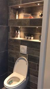 La salle de bains est pourvue de toilettes et d'un mur carrelé noir. dans l'établissement Beau studio centre ville, à Montataire