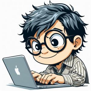 Ein Cartoon-Junge mit Brille, der an einem Laptop arbeitet. in der Unterkunft Rumah Asoy in Betek