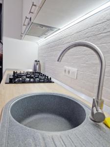 a kitchen with a sink and a stove at Bella White Apartment in Chişinău