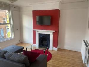 sala de estar con chimenea y TV en una pared roja en OPP Exeter RRF&T - Cosy 1 bed with parking BIG SAVINGS booking 7 nights or more!, en Exeter