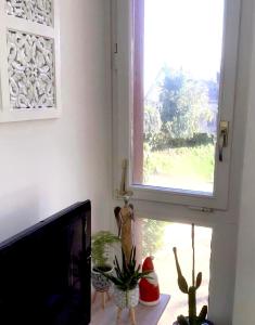 ein Fenster in einem Zimmer mit einigen Pflanzen auf einem Schreibtisch in der Unterkunft Lausanne/Pully: appartement moderne et très bien situé in Pully