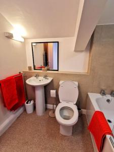 a bathroom with a toilet and a sink at Stylish apartment in the centre of Hebden Bridge. in Hebden Bridge