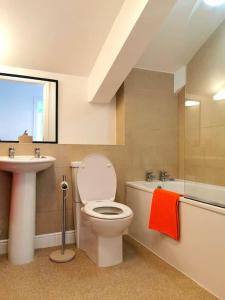 a bathroom with a toilet and a sink at Stylish apartment in the centre of Hebden Bridge. in Hebden Bridge