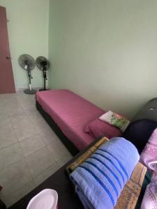a bedroom with a pink bed and a fan at Aziz homestay in Gemencheh