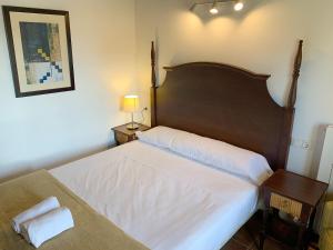 1 dormitorio con 1 cama grande y cabecero de madera en Apartamentos Jaca Mirador de Badaguas 3000, en Badaguás