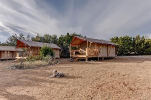 a dog laying on the ground in front of some huts at 12 Fires Luxury Glamping with AC #4 in Johnson City