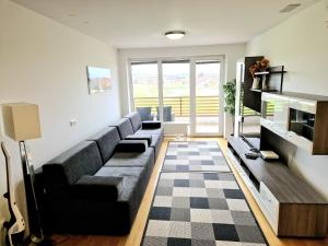 ein Wohnzimmer mit einem Sofa und einem TV in der Unterkunft THE BIG SPACE - Apartmaji PANONIA in Moravske-Toplice