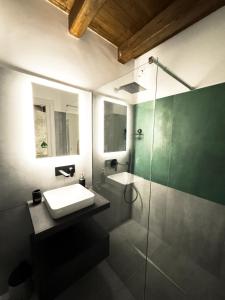 bagno con lavandino e doccia in vetro di Amerina Apartments a Vasanello