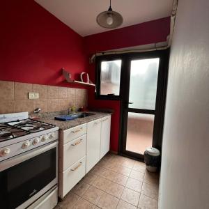 cocina con paredes rojas y fogones horno superior en Nuevo Illia, Nueva cordoba en Córdoba