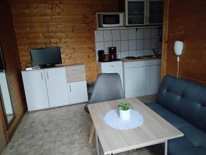 a small living room with a table and a kitchen at FEWO Isla 3 in Elmenhorst