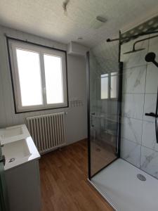 La salle de bains est pourvue d'une douche en verre et d'un lavabo. dans l'établissement maison de village, à Chérencé-le-Roussel