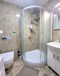 uma casa de banho com um chuveiro, um WC e um lavatório. em Apartment near Akropolis em Klaipėda
