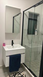 La salle de bains est pourvue d'un lavabo et d'une douche en verre. dans l'établissement The Blyde Crystal Lagoon Luxury Stays, à Pretoria