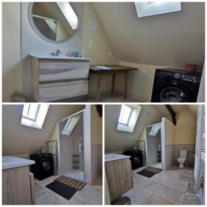 a bathroom with a sink and a washing machine at L'échappée en Sologne in Mennetou-sur-Cher