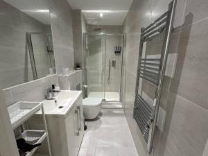 y baño con ducha, aseo y lavamanos. en churchward house flat 4 en Chertsey