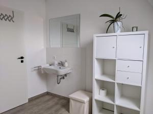ein Badezimmer mit einem Waschbecken und einem weißen Schrank in der Unterkunft Ferienwohnung Bergoase in Goslar