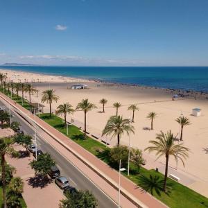 a road next to a beach with palm trees and the ocean at SOLMAR Playa Gandia SOLO FAMILIAS in Playa de Gandia