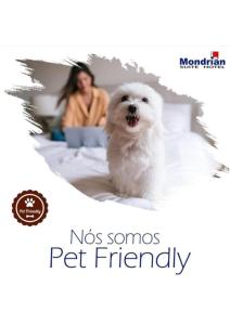 um cão branco sentado numa cama com uma mulher em Mondrian Suite Hotel em São José dos Campos