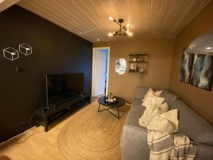 Leilighet i enebolig في بيرغِن: غرفة معيشة بها أريكة وتلفزيون
