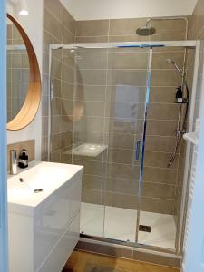 a shower with a glass door next to a sink at Appart rénové avec grand salon et 1 chambre - Tram et Clinique Mutualiste à 1 min in Grenoble