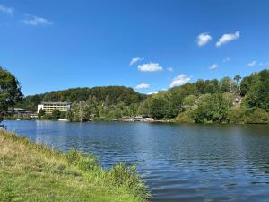 Blick auf einen See mit Bäumen und Gebäuden in der Unterkunft Ferienhaus Heike - Dein Urlaub mit Panoramablick in Kirchheim