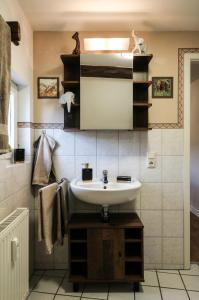 un baño con lavabo y espejo en Ferienwohnung Afrika, en Bernkastel-Kues