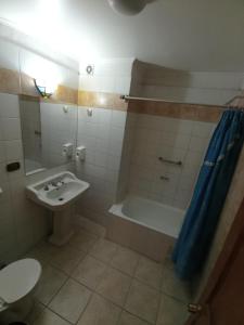 a bathroom with a sink and a shower and a toilet at Hotel Paris Ltda. in Santiago