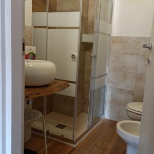 y baño con ducha, lavabo y aseo. en La casetta di Elly, en Puegnago sul Garda