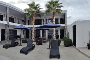 Cuatrociénegas de Carranza的住宿－HOTEL SERENNA，庭院里设有椅子和遮阳伞,并种植了棕榈树。