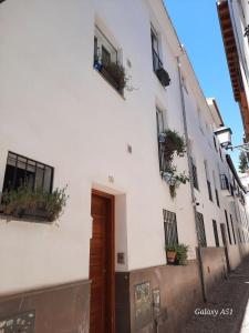 un edificio bianco con piante alle finestre e una porta di CASA HONDA10 a Granada