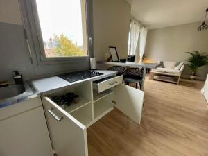 a kitchen with a stove and a living room at Le P’tit B - Quartier Saint-Michel/Centre Ville in Saint-Brieuc
