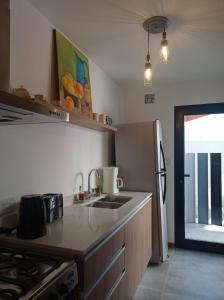 een keuken met een wastafel en een koelkast bij La Vasca in Manuel B. Gonnet