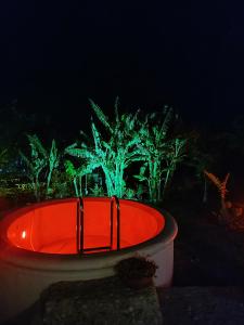 a red tub with green lights in front of trees at Azalea garden appartment with mountain view in Kremasti