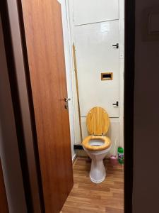 a bathroom with a toilet with a wooden seat at Ubytovanie u Babičky in Martin