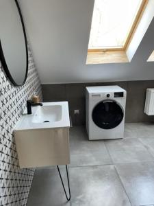 a bathroom with a washing machine and a sink at Domki Plaża Kownatki VIP in Kozłowo