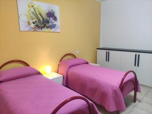 フィアーノ・ロマーノにあるCaracciolo B&Bのピンクの毛布が備わる客室内のベッド2台