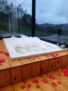 a bath tub in a room with a window at Tiny House no Olival in Pelotas
