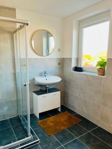 La salle de bains est pourvue d'un lavabo, d'une douche et d'un miroir. dans l'établissement Wohlfühl-Apartment Mareiki*Balkon*Stellplatz*WIFI*, à Erfurt