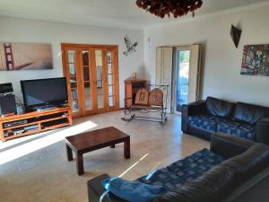 a living room with a couch and a tv at Casa Azul in Vila de Rei