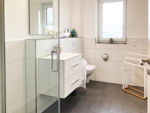 a bathroom with a toilet and a glass shower at PEARLs - Stilvolle Neubauwohnung am Niederrhein in Elten