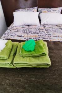 a bed with green blankets and pillows on it at Tiny House - Oasis de tranquilidad, belleza y seguridad in Los Barriales