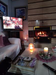 sala de estar con chimenea y TV en Alojamientos Villarias Archena 43 en Archena