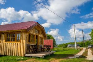a tiny house with a picnic table in the yard at Maple bungalows in Žabljak
