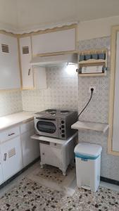 a small kitchen with a stove and white cabinets at Το σπιτάκι στον παραδοσιακό οικισμό Λειβαδίων Άνδρου in Vrakhnós